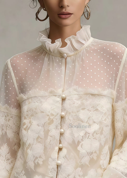 French White Ruffled Patchwork Lace Blouse Tops Spring