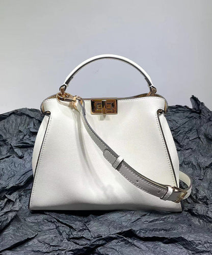 French White Solid Durable Leather Women Tote Handbag