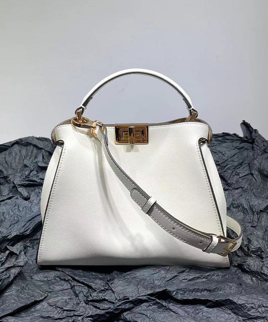 French White Solid Durable Leather Women Tote Handbag