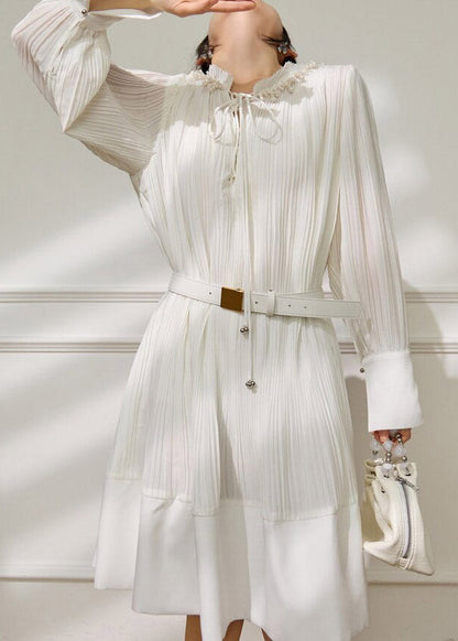 French White Stand Collar Pearl Sashe Long Dress Long Sleeve