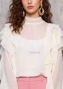 French White Stand Collar Ruffles Chiffon Blouses Spring