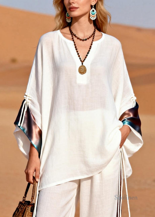 French White V Neck Drawstring Silk Patchwork Two Piece Set Spring