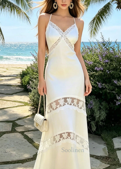 French White V Neck Lace Patchwork Silk Spaghetti Strap Dress Summer
