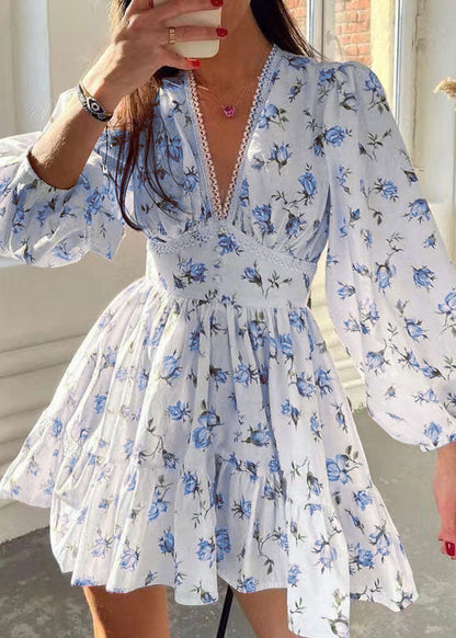 French White V Neck Print Cotton Mini Dress Long Sleeve