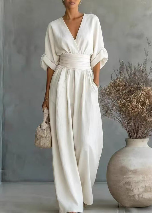 French White V Neck Silm Fit Linen Jumpsuit Summer