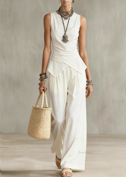 French White Wrinkled Solid Tops And Wide Leg Pants Cotton Two Pieces Set Sleeveless