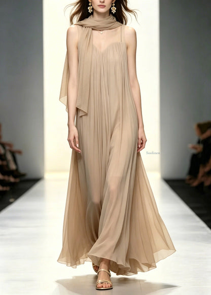 French Wrinkled Patchwork Vacation Long A Line Dresses Summer