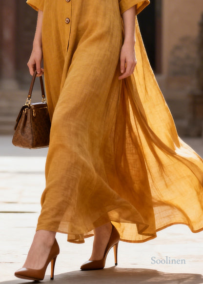 French Yellow Oversized Exra Large Hem Cotton Long Dress Summer