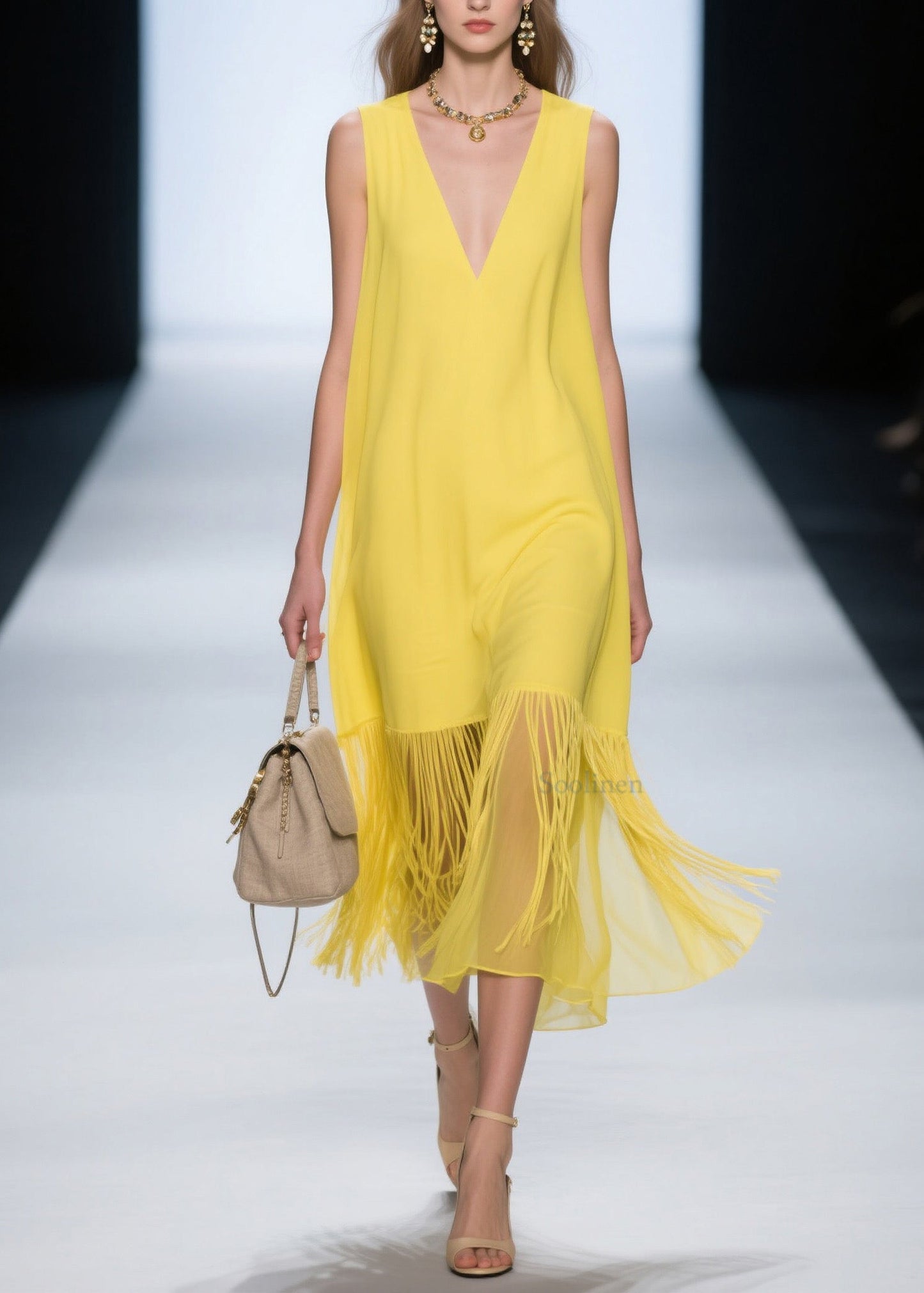 French Yellow V Neck Patchwork Cotton Dress Sleeveless