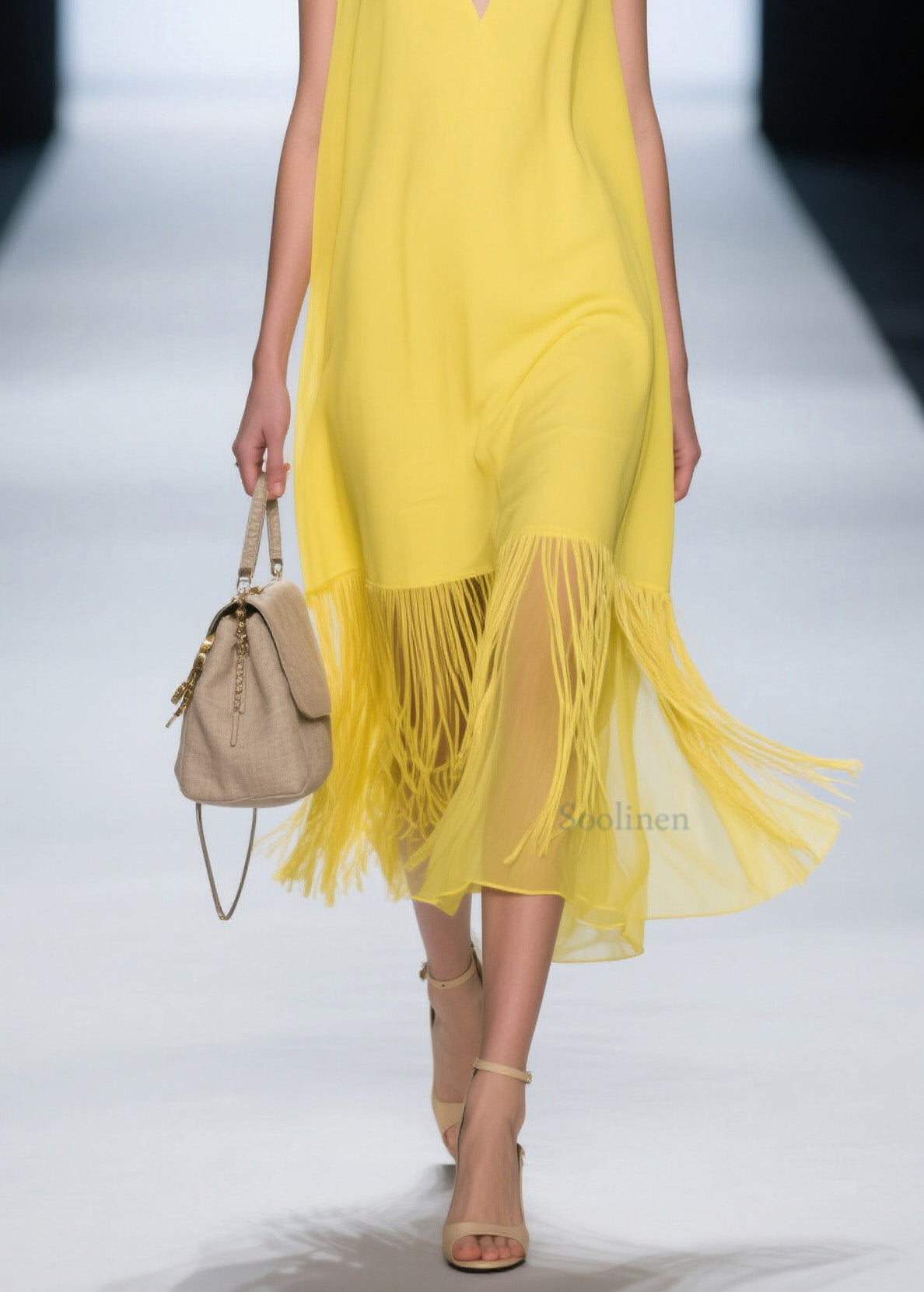 French Yellow V Neck Patchwork Cotton Dress Sleeveless
