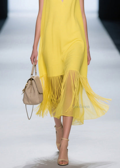 French Yellow V Neck Patchwork Cotton Dress Sleeveless