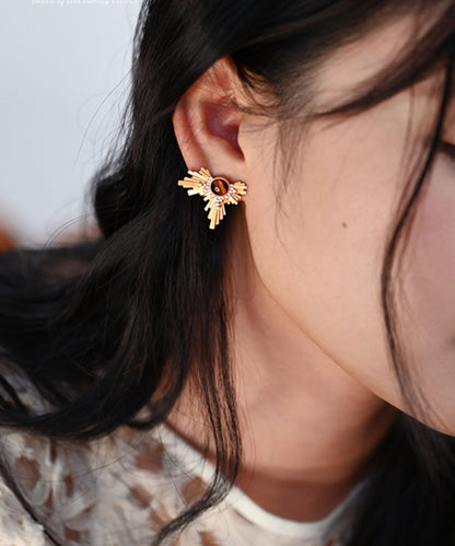 Gilded Amber Cat's Eye Original Design 14K Gold Stud Earrings
