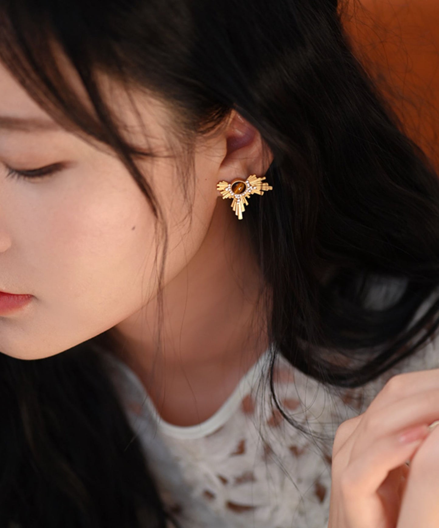 Gilded Amber Cat's Eye Original Design 14K Gold Stud Earrings