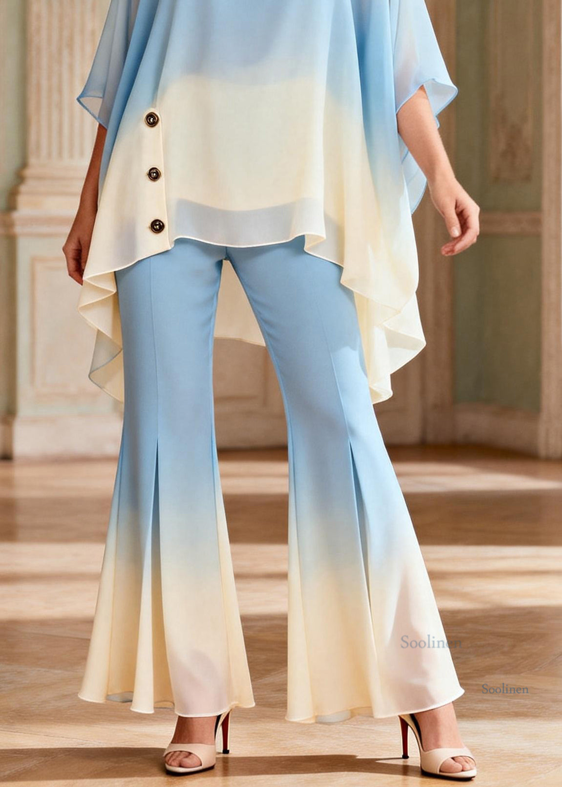Gradient Color Blue O-Neck Top And Flared Trousers Two Pieces Set Flare Sleeve