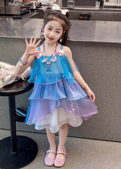 Gradient Color Blue Purple Square Collar Girls Long Spaghetti Strap Dress Sleeveless