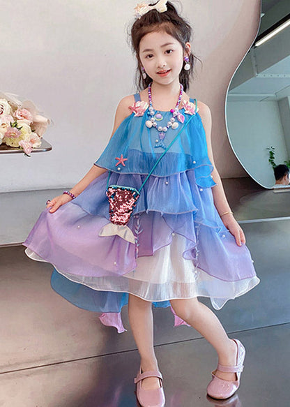 Gradient Color Blue Purple Square Collar Girls Long Spaghetti Strap Dress Sleeveless