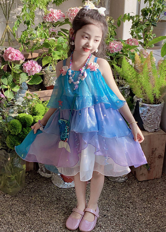 Gradient Color Blue Purple Square Collar Girls Long Spaghetti Strap Dress Sleeveless