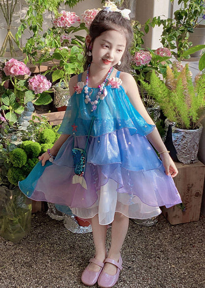 Gradient Color Blue Purple Square Collar Girls Long Spaghetti Strap Dress Sleeveless