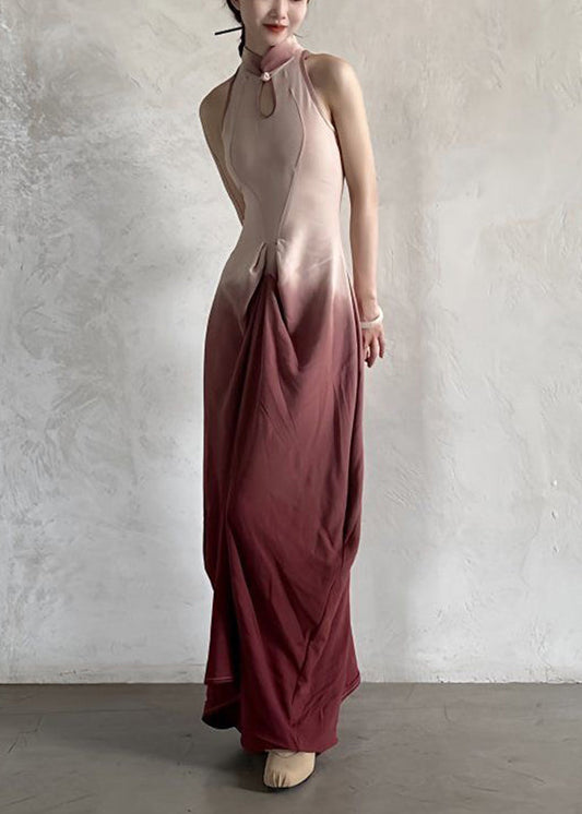 Gradient Color Stand Collar Patchwork Slim Maxi Dress Sleeveless
