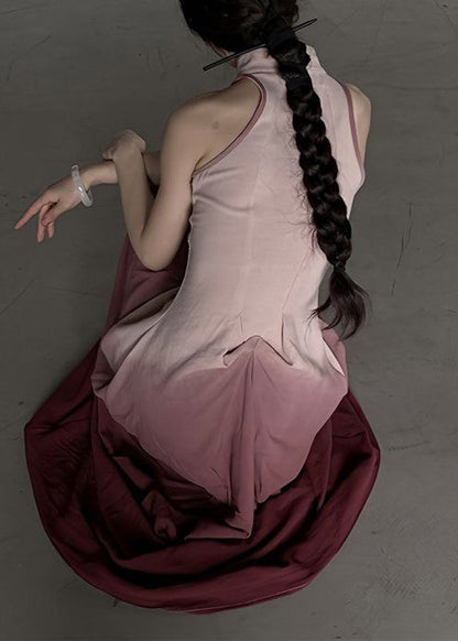 Gradient Color Stand Collar Patchwork Slim Maxi Dress Sleeveless