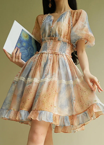 Gradient Color V Neck Patchwork Elastic Waist Long Dress Short Sleeve