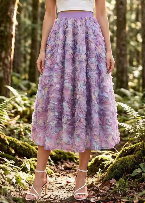 Gradient Purple Floral Elastic Waist Tulle Holiday Skirt Spring
