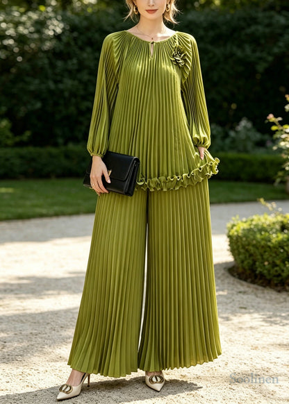 Grass Green Draping Chiffon Two Piece Set Women Clothing Wrinkled Spring