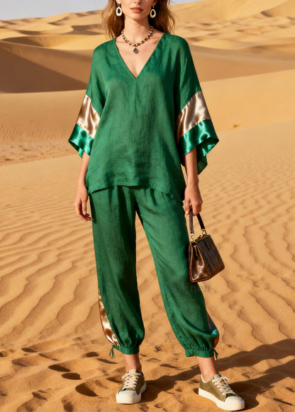 Grass Green Patchwork Linen Silk Two Pieces Set V Neck Summer