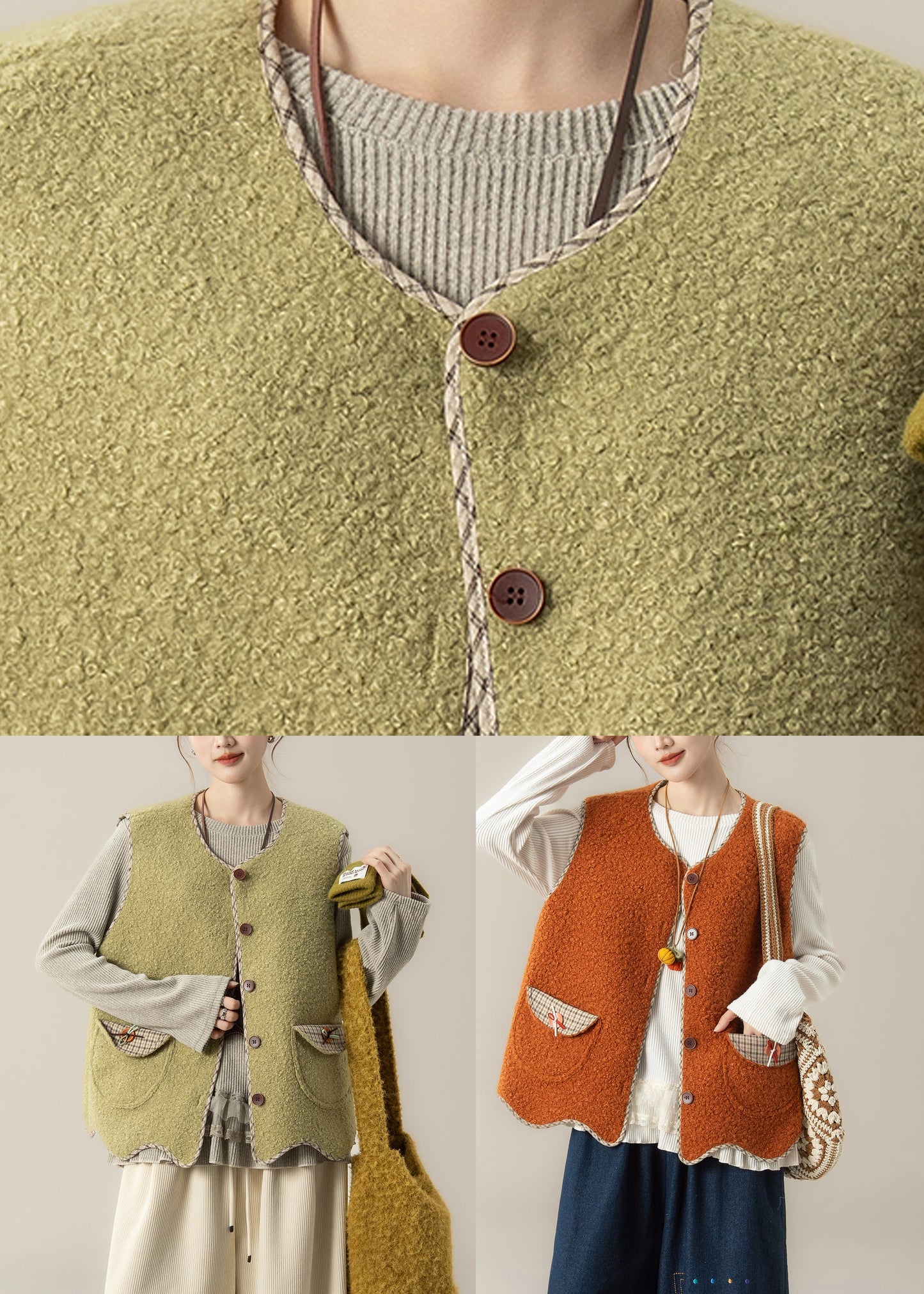 Green Button Faux Fur Waistcoat And Top Two Pieces Set Sleeveless