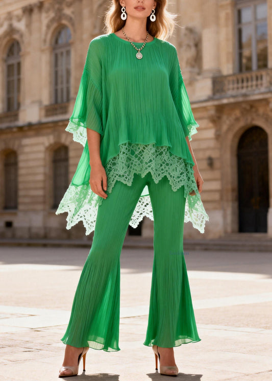 Green Lace Patchwork Tops And Flared Trousers Two Pieces Set O Neck Batwing Sleeve
