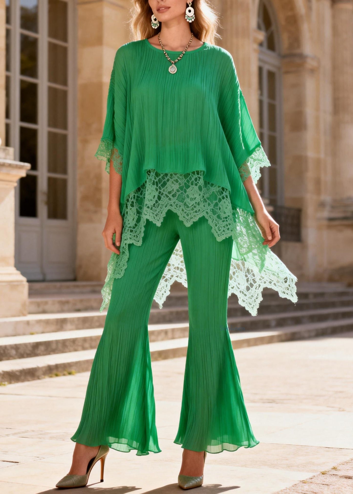 Green Lace Patchwork Tops And Flared Trousers Two Pieces Set O Neck Batwing Sleeve