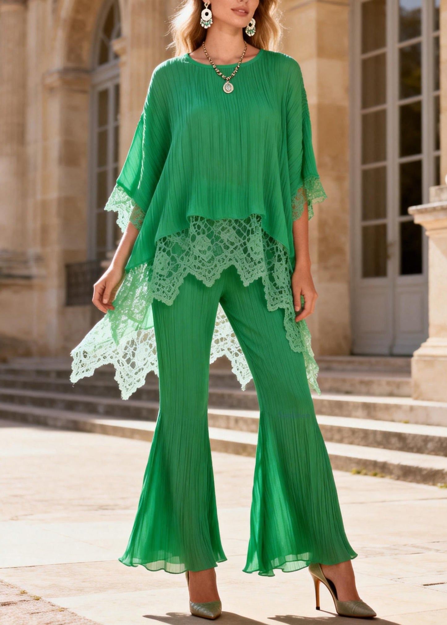 Green Lace Patchwork Tops And Flared Trousers Two Pieces Set O Neck Batwing Sleeve