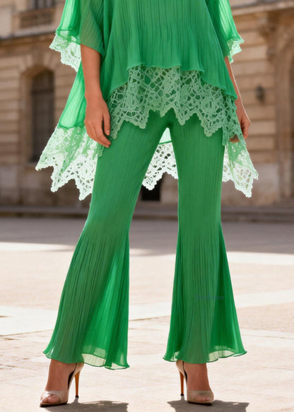 Green Lace Patchwork Tops And Flared Trousers Two Pieces Set O Neck Batwing Sleeve