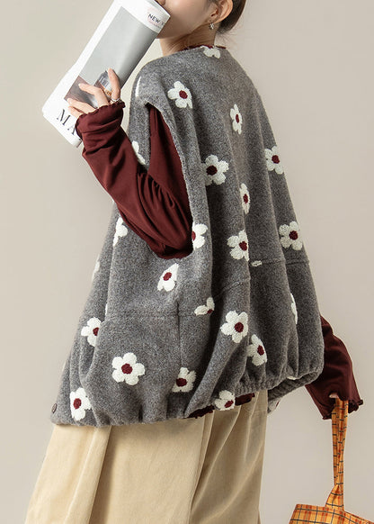 Grey Floral Print Cotton Loose Vests Oversized Winter