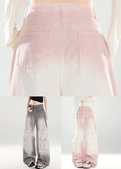 Grey Gradient Color High Waist Denim Wide Leg Pants Pockets