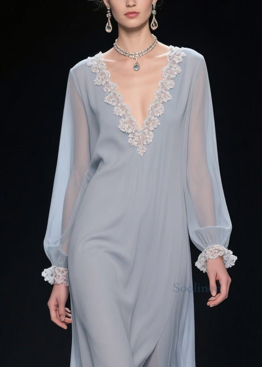 Grey Lace Solid Chiffon Long Dress V Neck Butterfly Sleeve