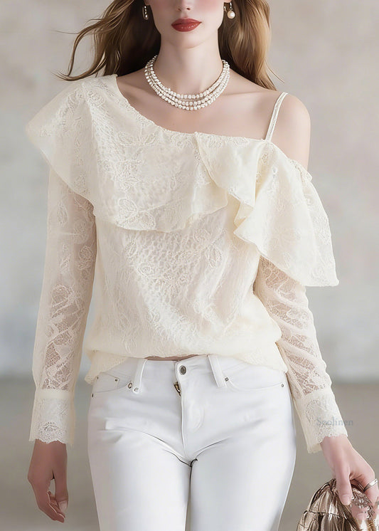 Handmade Beige Asymmetrical One Shoulder Lace Patchwork Chiffon Top Lantern Sleeve