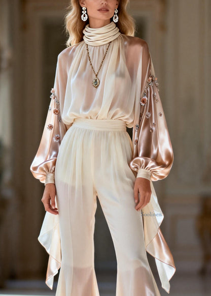 Handmade Beige Gradient Color Zircon Silk Patchwork Chiffon Two Pieces Set Spring