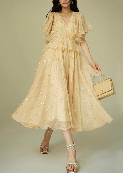 Handmade Beige Sequins Wrinkled Chiffon Long Dresses Summer