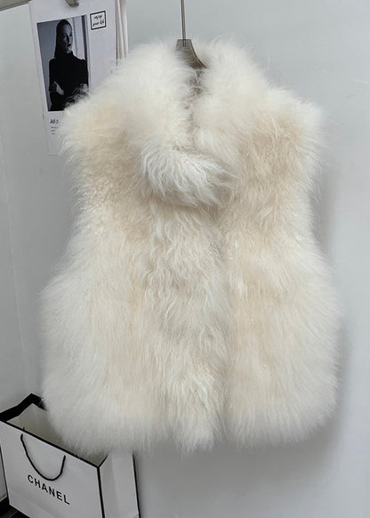 Handmade Beige Stand Collar Solid Leather And Fur Coat Sleeveless