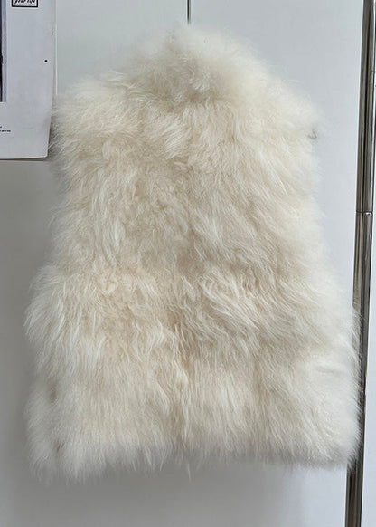 Handmade Beige Stand Collar Solid Leather And Fur Coat Sleeveless