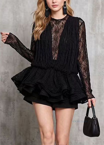 Handmade Black O Neck Top And Interior Lace Set Spring