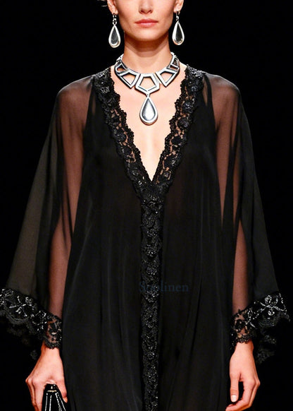 Handmade Black Oversized Lace Patchwork Chiffon Dresses Summer