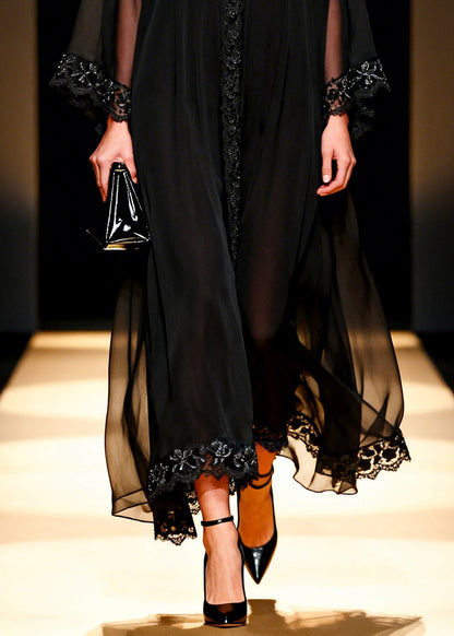 Handmade Black Oversized Lace Patchwork Chiffon Dresses Summer