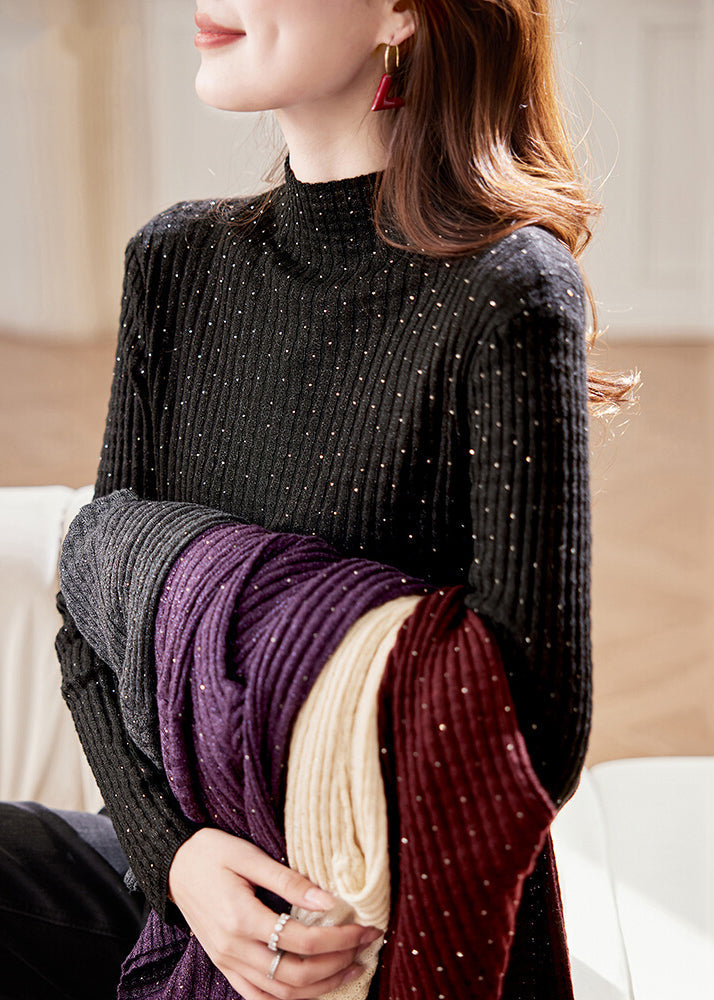 Handmade Black Turtleneck Zircon Knit Sweater Winter