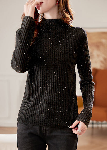 Handmade Black Turtleneck Zircon Knit Sweater Winter