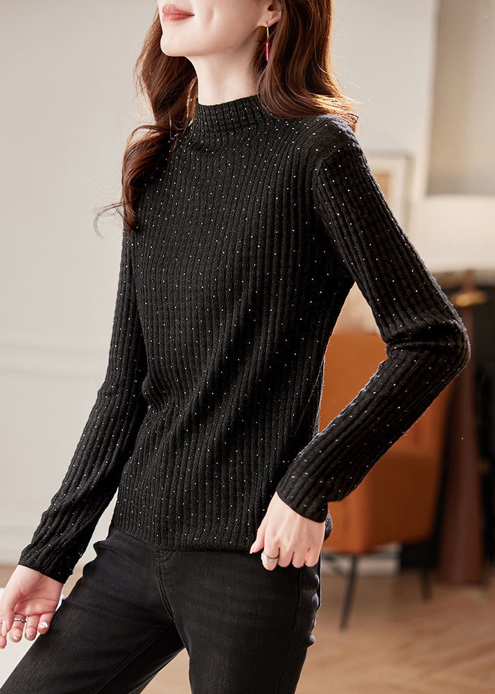 Handmade Black Turtleneck Zircon Knit Sweater Winter