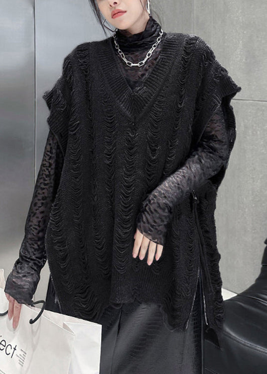 Handmade Black V Neck Zip Up Patchwork Knit Vest Tops Sleeveless