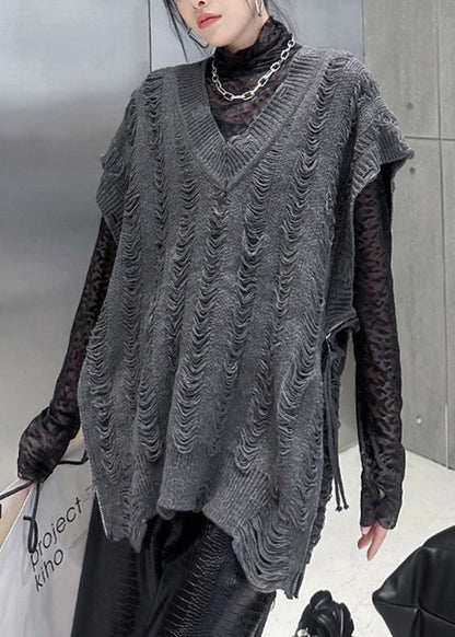 Handmade Black V Neck Zip Up Patchwork Knit Vest Tops Sleeveless