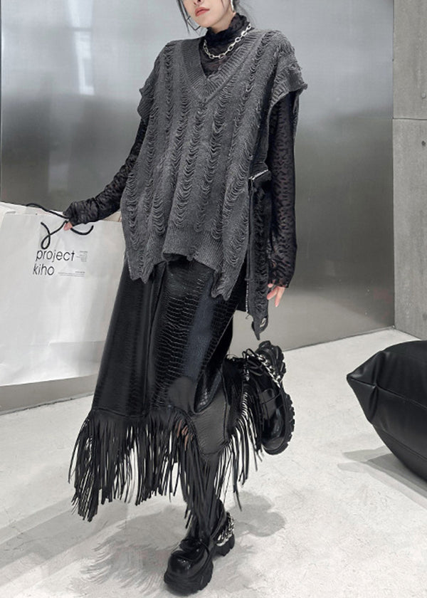 Handmade Black V Neck Zip Up Patchwork Knit Vest Tops Sleeveless